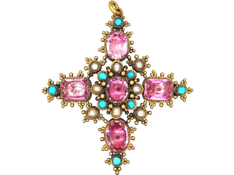 Georgian 15ct Gold Cross Pendant set with Turquoise, Pink Topaz & Natural Split Pearls