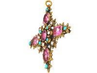 Georgian 15ct Gold Cross Pendant set with Turquoise, Pink Topaz & Natural Split Pearls