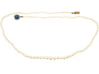 Art Deco Graduated Pearl Necklace with Cabochon Sapphire & Diamond Clasp