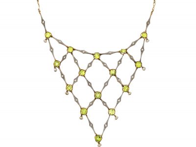 Edwardian 15ct Gold & Platinum, Spider Necklace set with Diamonds, Natural Pearls & Peridots