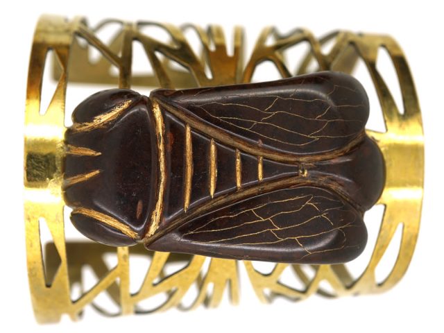 French Art Nouveau Base Metal & Carved Horn Bug Bangle