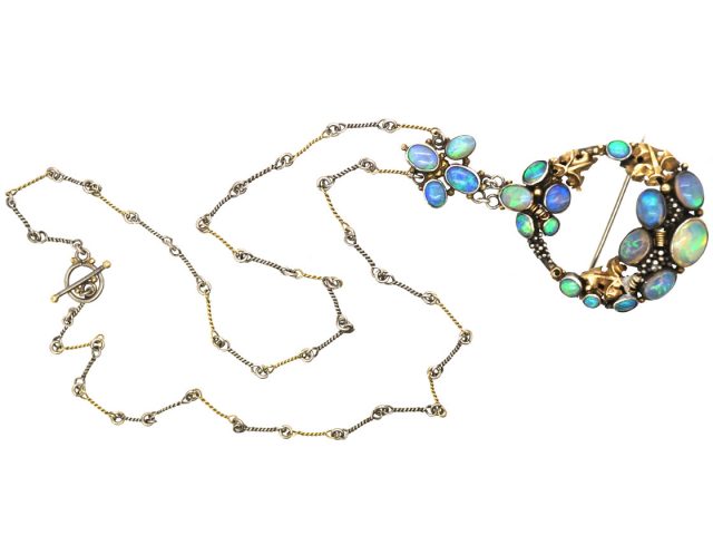 Silver & Gold Arts & Crafts Necklace by Dorrie Nossiter set with Opals