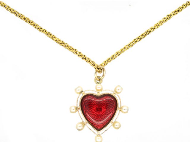 Edwardian Red & White Enamel & Natural Pearl Heart Pendant on 18ct Gold Chain