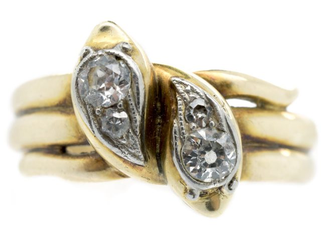 Edwardian 18ct Gold, Platinum & Diamond Double Snake Ring
