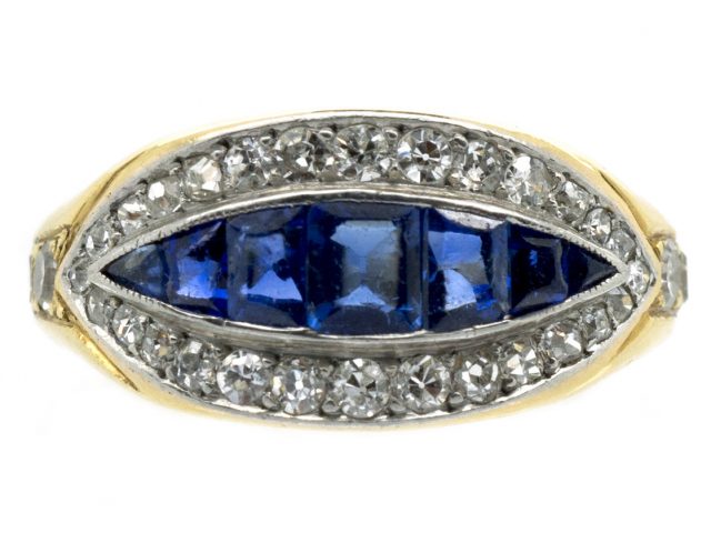 18ct Gold French Art Deco Sapphire & Diamond Boat Shaped Ring