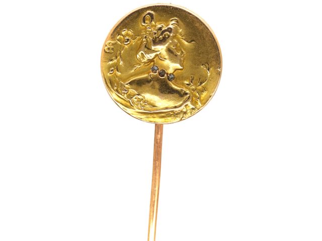 Art Nouveau 18ct Gold & Diamond Tie Pin of a Lady by Comte Prosper d’ Epinay