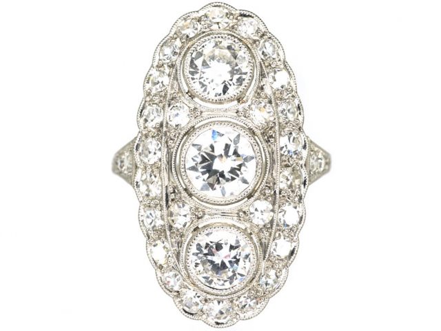 Art Deco Platinum Large Oval Diamond Cluster Ring