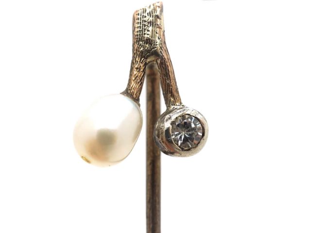 Edwardian 9ct Gold Diamond & Pearl Sprig Tie Pin