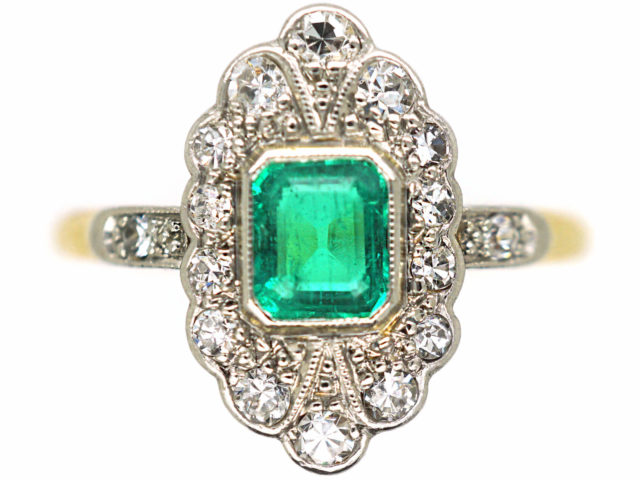 Art Deco 18ct Gold & Platinum, Emerald & Diamond Ring