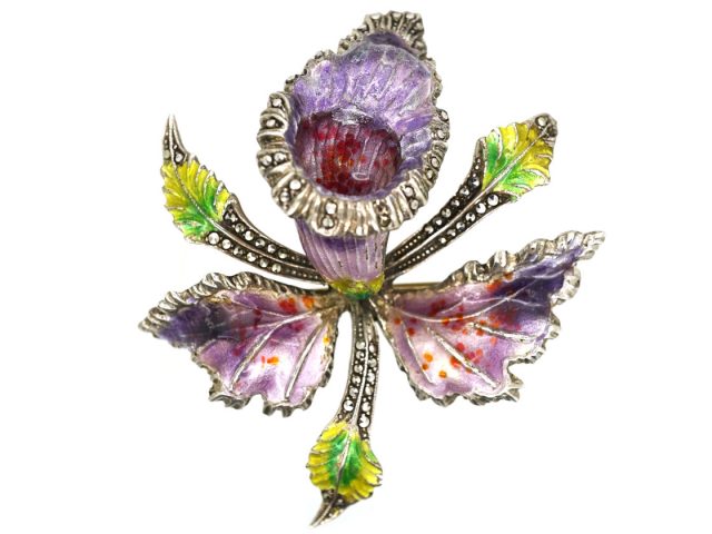 Silver, Marcasite & Enamel Orchid Brooch