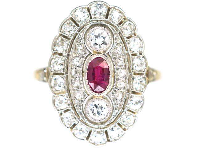 Art Deco 18ct Gold & Platinum, Ruby & Diamond Large Oval Cluster Ring