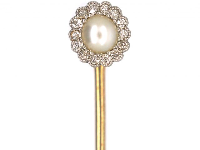 Edwardian 18ct Gold, Diamond & Natural Pearl Cluster Tie Pin