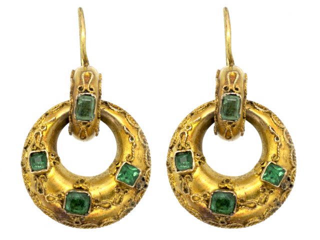 Victorian 15ct Gold Hoop Earrings Set with Emeralds