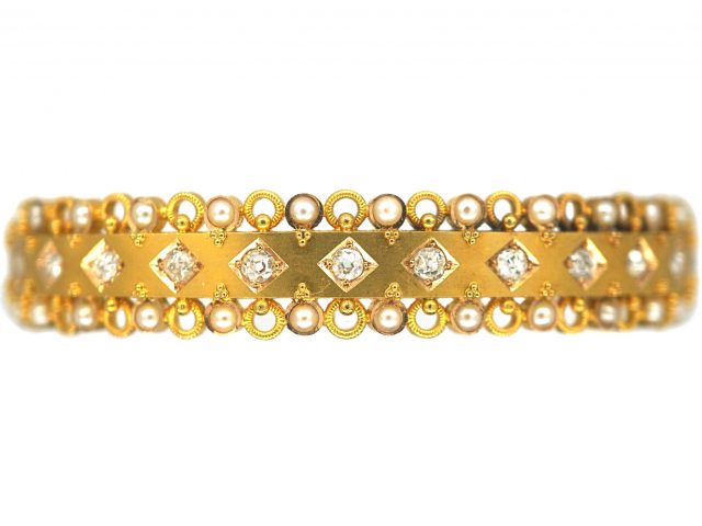 Victorian 18ct Gold Bangle set with Diamonds & Natural Split Pearls