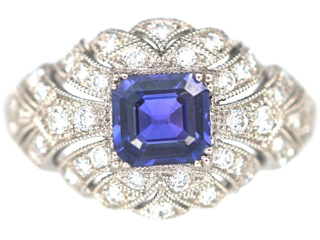 Art Deco Platinum, Ceylon Sapphire & Diamond Cluster Ring