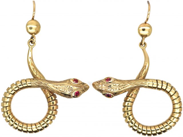 9ct Gold Snake Earrings with Ruby Set Eyes