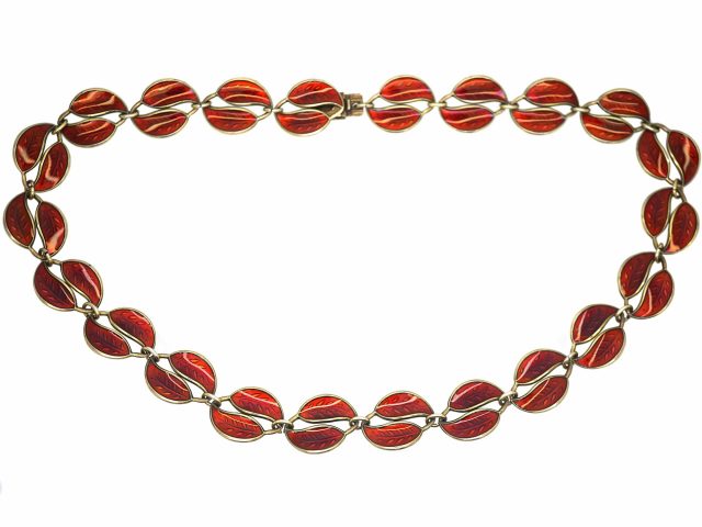 Silver & Red Enamel Double Leaf Necklace by David Andersen