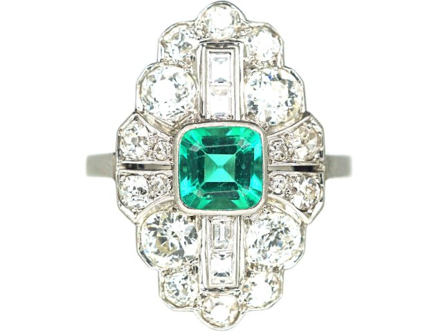 Art Deco Platinum, Emerald & Diamond Navette Shaped Ring