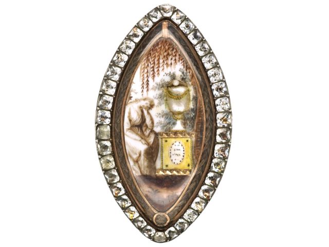 Georgian Navette Shaped Mourning Ring with Lady & Urn