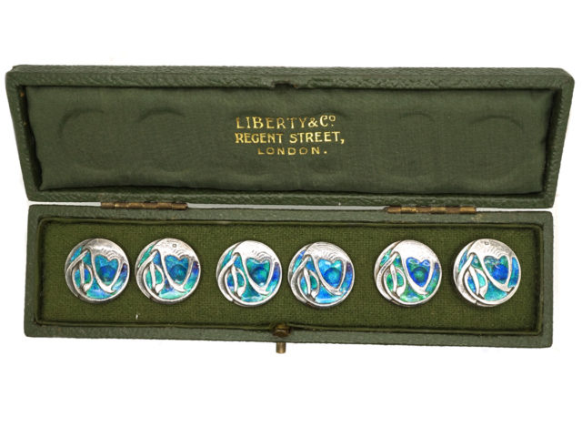 Art Nouveau Silver & Enamel Buttons by Liberty In Original Case