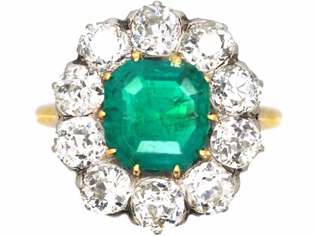 Art Deco 18ct Gold, Large Emerald & Diamond Cluster Ring