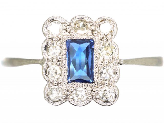 Art Deco 18ct White Gold, French Cut Sapphire & Diamond Rectangular Ring