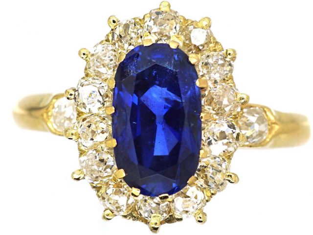 Victorian 18ct Gold, Unheated Ceylon Sapphire & Diamond Oval Cluster Ring with Diamond Set Shoulders