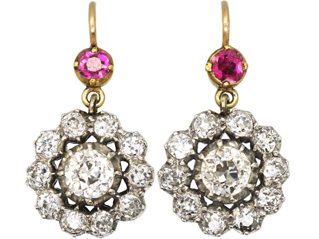 William IV Diamond Cluster Earrings with Ruby Above