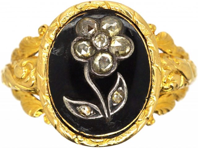 Regency 18ct Gold Mourning Ring with Black Enamel & Rose Diamond Set Forget Me Not