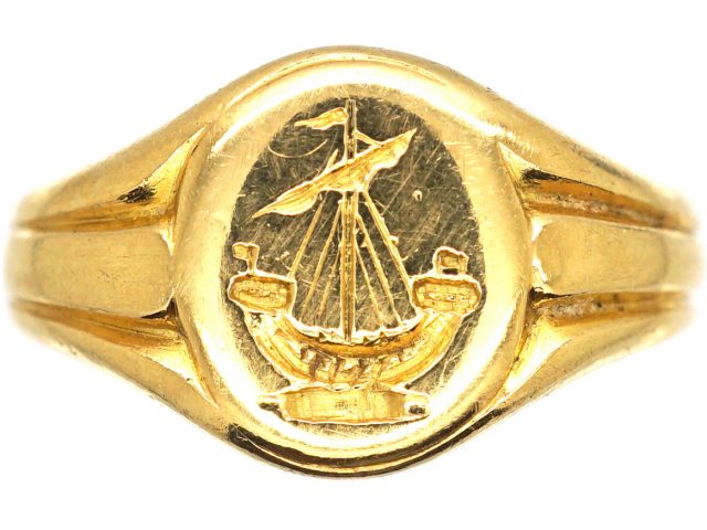 Edwardian 18ct Gold Signet Ring with Intaglio of a Galleon