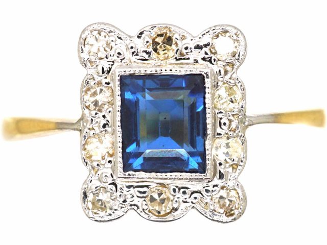 Art Deco 18ct Gold & Platinum, Sapphire & Diamond Rectangular Ring