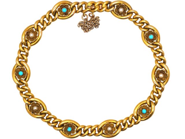 Edwardian 10ct Gold Bracelet with Flower Motifs set with Natural Split Pearls & Turquoise