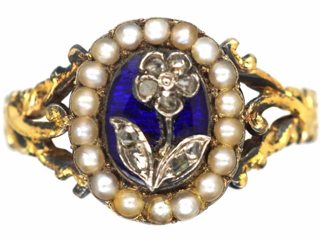 Georgian 15ct Gold, Blue Enamel, Natural Split Pearls & Rose Diamond Forget Me Not Ring