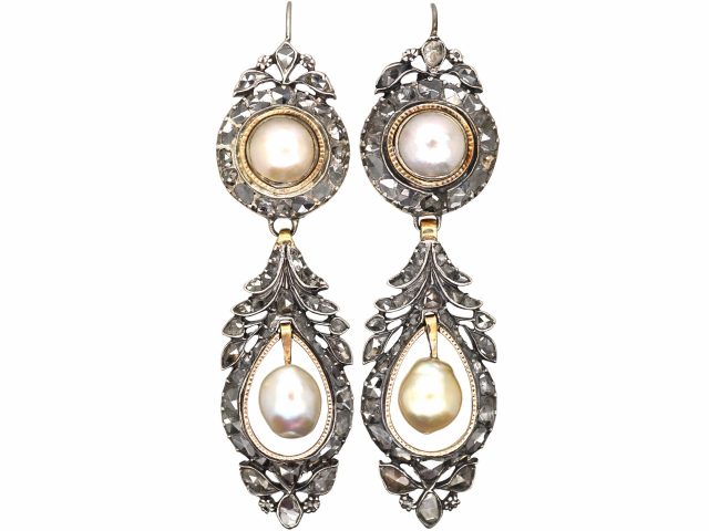 Early 19th Century Diamond & Pearl Long Drop Earrings