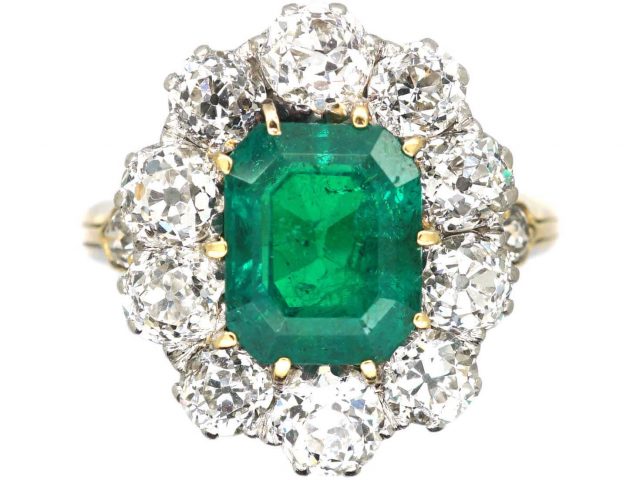 Edwardian 18ct Gold, Emerald & Diamond Oval Cluster Ring