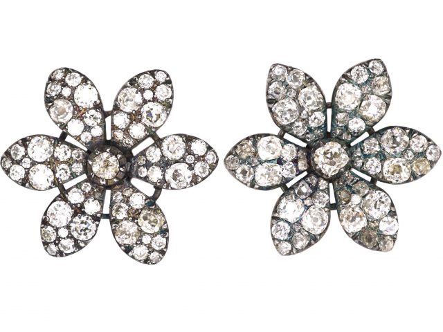 Georgian Large Flower Cluster Earrings set with Old Mine Cut Diamonds