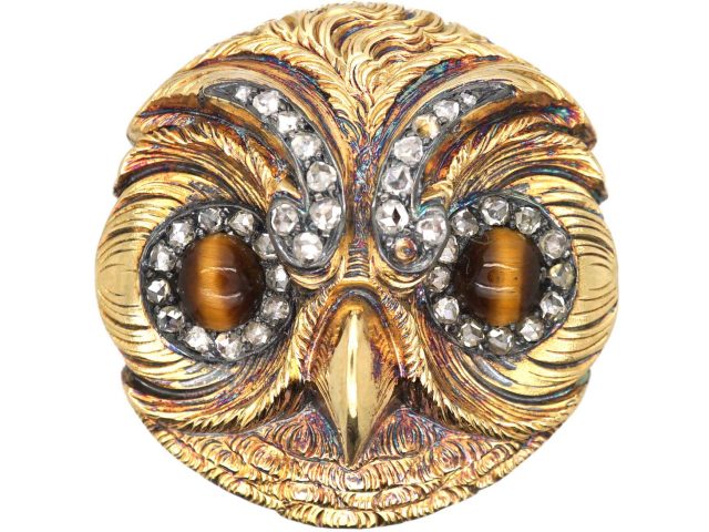 French 18ct Gold, Rose Diamond & Tiger’s Eye Brooch of an Owl’s Head by Rene Boivan