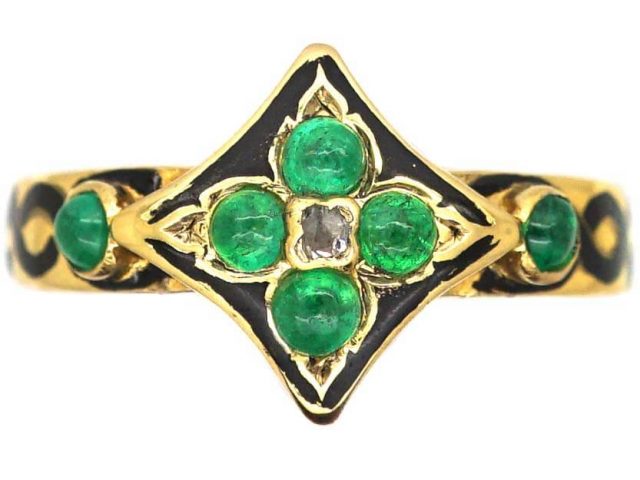 Early Victorian 18ct Gold & Black Enamel Mourning Ring set with Cabochon Emeralds & a Diamond