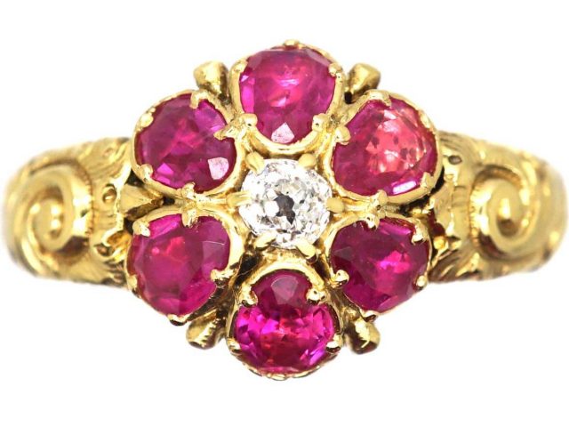 Georgian 18ct Gold Ruby and Diamond Cluster Ring with Ornate Shoulders