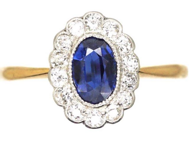 Edwardian 18ct Gold and Platinum, Sapphire and Diamond Cluster Ring