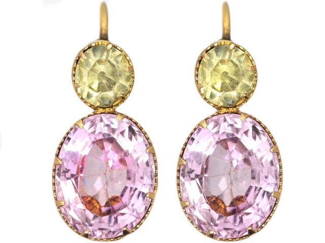 Early Victorian 18ct Gold Pink Topaz & Chrysoberyl Drop Earrings