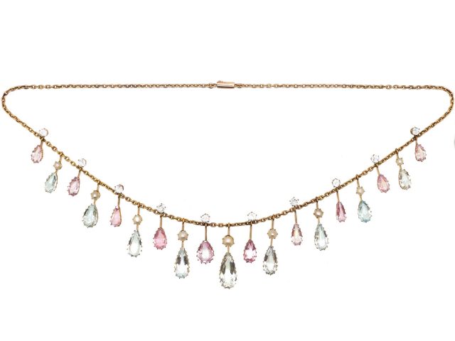 Edwardian 15ct Gold, Pink Topaz & Aquamarine Drops Necklace in Original Case