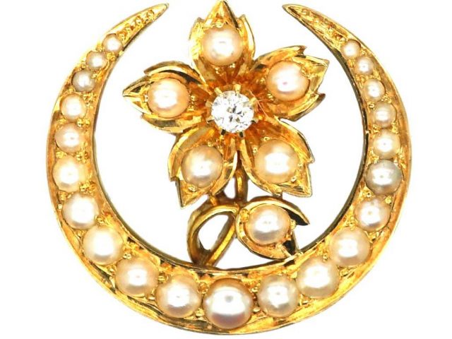 Victorian 15ct Gold Half Moon & Flower Brooch set with Natural Split Pearls & a Diamond in the Original Case