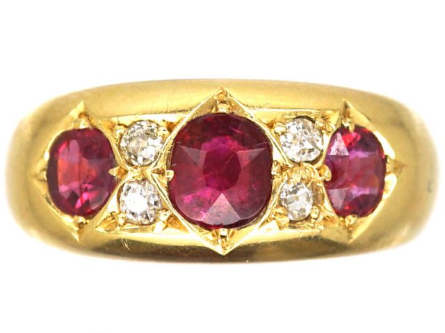 Victorian 18ct Gold Three Stone Ruby Ring with Diamonds In Between