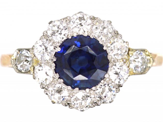 Edwardian 18ct Gold, Sapphire & Diamond Cluster Ring with Diamond Set Shoulders