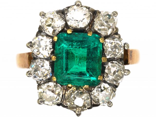 French Imported Late 19th Century 18ct Gold, Emerald & Diamond Cluster Ring