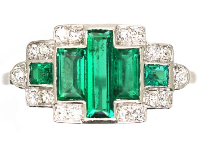 Art Deco Platinum, Emerald & Diamond Geometric Ring