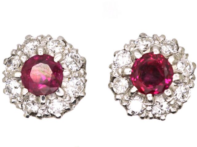 Mid 20th Century 18ct White Gold, Ruby & Diamond Cluster Earrings