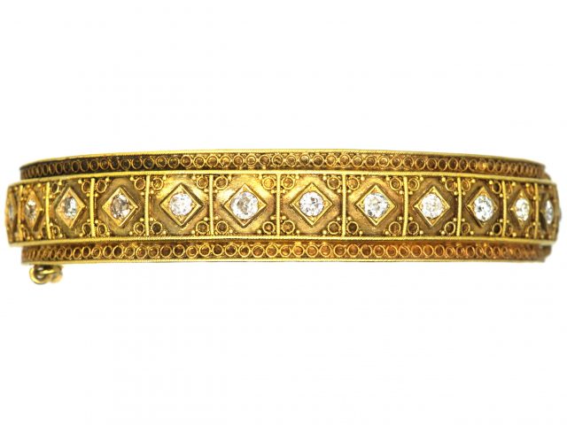 Victorian 18ct Gold & Diamond Etruscan Revival Bangle