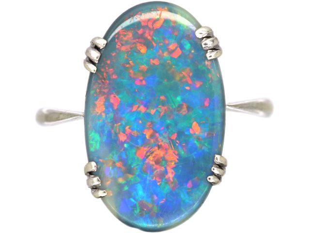 Art Deco 18ct White Gold Ring set with a Large Black Opal